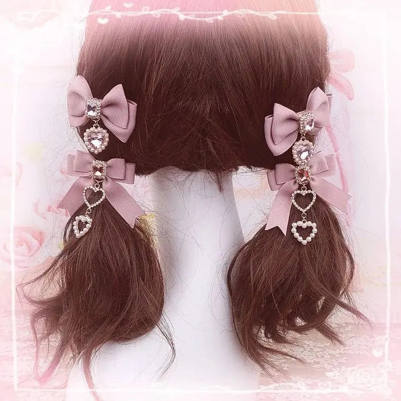 Heart Gem Princess Hair Clips in Pink, kawaii babycore clips with heart-shaped gems for pastel DDLG style