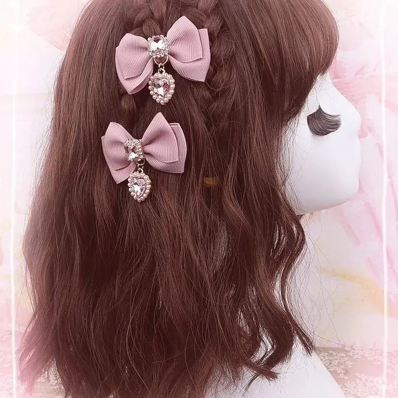 Heart Gem Princess Hair Clips Pink Set, cute pastel hair clips with heart gems for kawaii and cutecore outfits