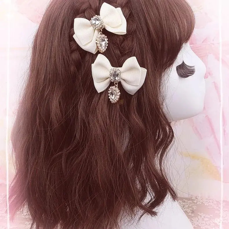 Heart Gem Princess Hair Clips White, kawaii pastel clips with heart-shaped crystal gems for princess DDLG looks