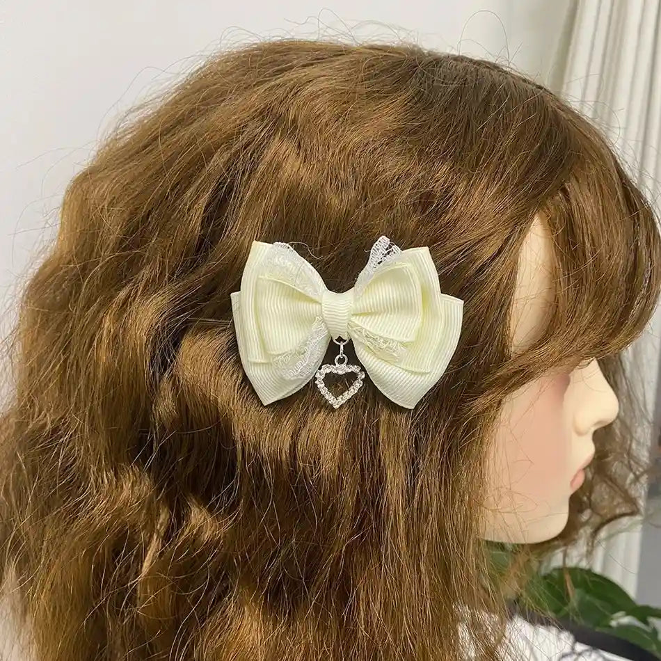 Heart Gem Princess Hair Clips White Set, heart-shaped gem clips for kawaii, pastel, and DDLG princess looks