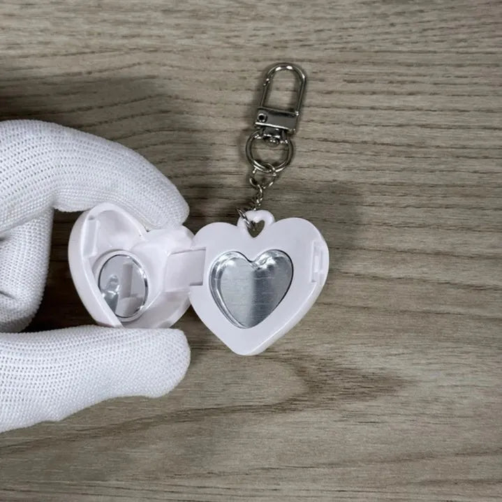 White Heart Glow Mirror Keychain — cute portable mini heart mirror for kawaii DDLG style and pocket-sized glam