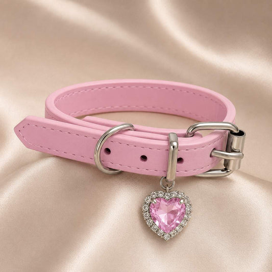 Soft pink vegan leather choker with sparkling heart pendant, coquette style