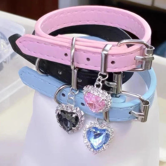 Heart of a Diamond vegan leather choker set with pink and blue sparkling heart pendants