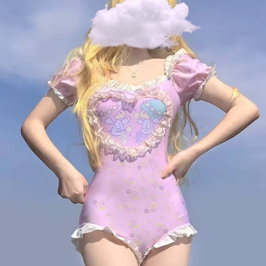 Heavenly Cherub Heart Onesie, pale pink kawaii DDLG softcore onesie with ruffle trim and cherub design