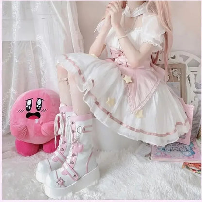 Heavy Love platform lace boots with chunky sole and chains, DDLG ABDL alt fashion footwear for bold style