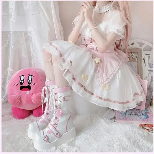 Heavy Love platform lace boots with chunky sole and chains, DDLG ABDL alt fashion footwear for bold style
