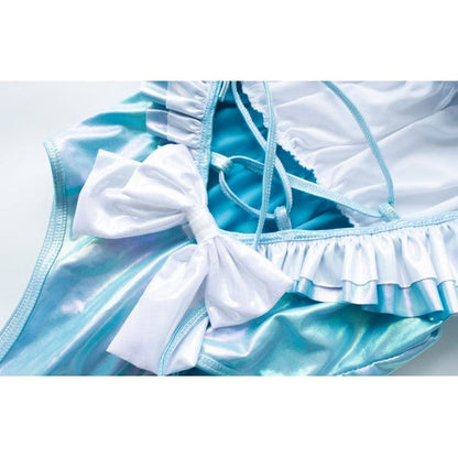 Holographic blue ruffle bodysuit with playful ribbons, cutecore soft girl main character energy