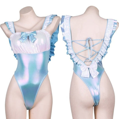 Soft girl holographic blue ruffle bodysuit with playful ribbons and layered ruffles