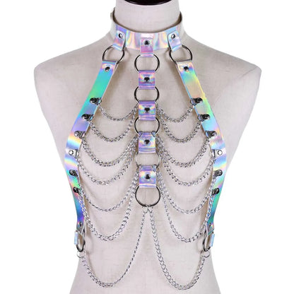 Holographic chain harness top showing all color variants, dreamy blue, pink, white, yellow, adjustable vegan leather, cutebaddie vibes