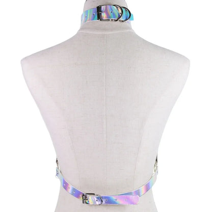 Back view of holographic chain harness top, adjustable vegan leather straps, dreamy cutebaddie festival and DDLG fantasy accessory