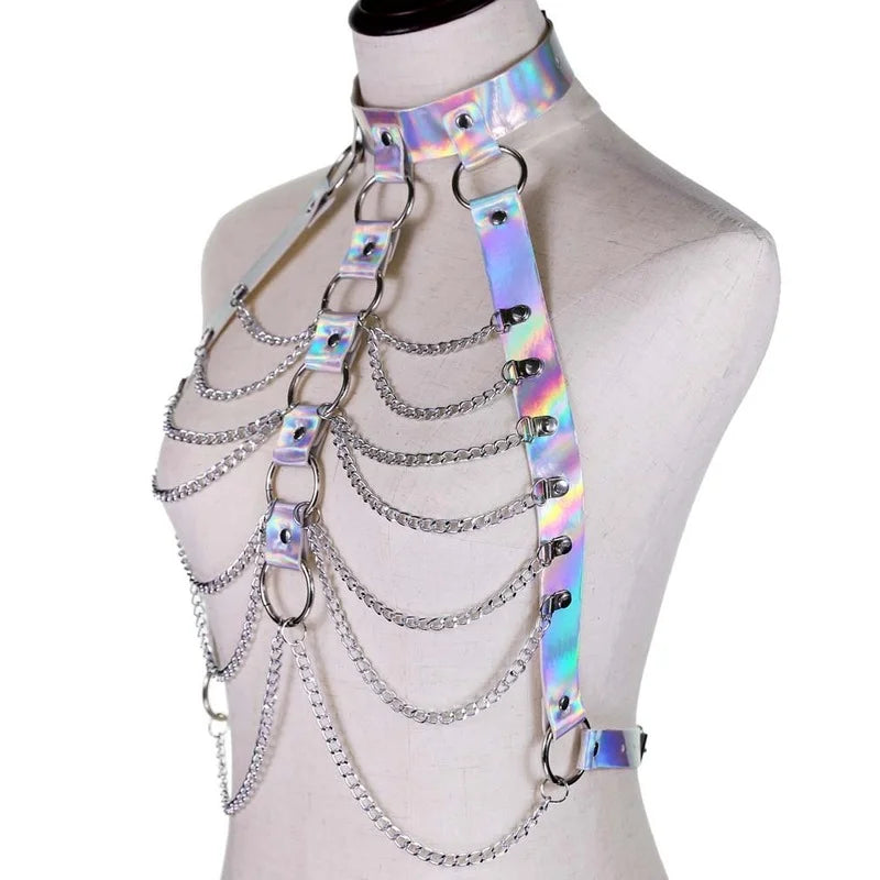 Close-up of holographic chain harness top, adjustable vegan leather chain detail, cutebaddie & DDLG accessory