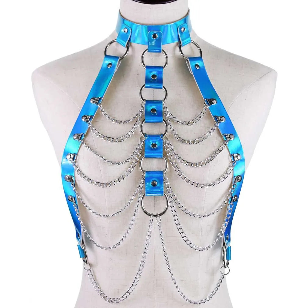 Holographic chain harness top in dreamy blue, adjustable vegan leather, cutebaddie & DDLG festival accessory