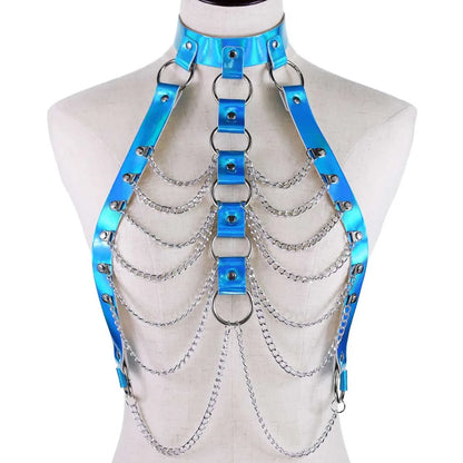 Holographic chain harness top in dreamy blue, adjustable vegan leather, cutebaddie & DDLG festival accessory