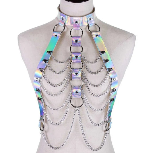 Holographic chain harness top in dreamy white, adjustable vegan leather, festival-ready cutebaddie accessory