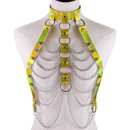 Holographic chain harness top in dreamy yellow, adjustable vegan leather, kinky & festival flirty outfit