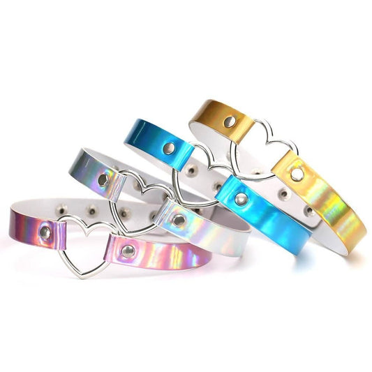 Holo Heart Glow Choker with iridescent finish and heart charm, perfect for DDLG and ABDL kawaii fashion.