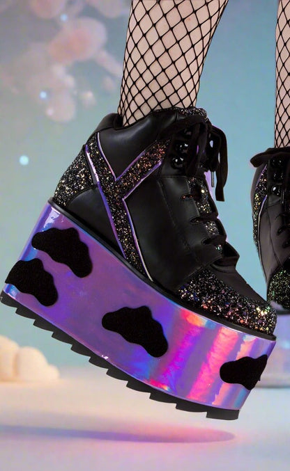 Holographic black ABDL and DDLG doll platforms with glitter details for bratty and kawaii outfits