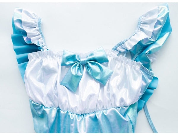 Glossy holographic blue ruffle bodysuit with layered ruffles, pastel soft girl cutecore vibes
