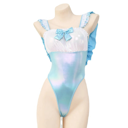Holographic blue ruffle bodysuit with lace and ribbon, soft girl cutecore pastel vibes