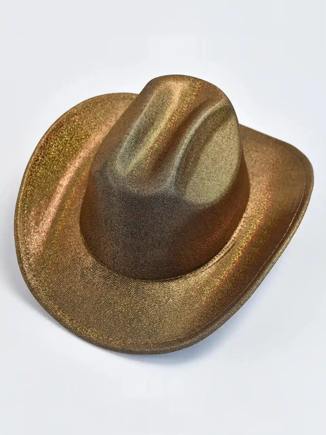 Holographic cowgirl baddie hat in golden shine, rainbow holographic little fashion