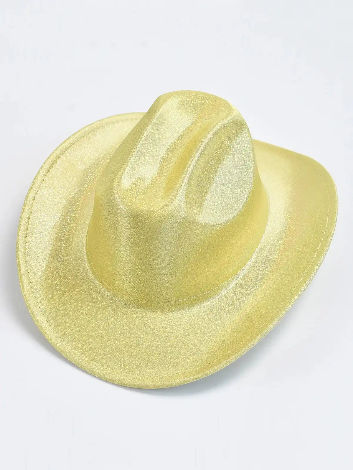 Holographic cowgirl baddie hat in pastel banana, soft girl dress-up fashion