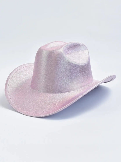 Holographic cowgirl baddie hat in pastel pink, cute kawaii cowboy accessory