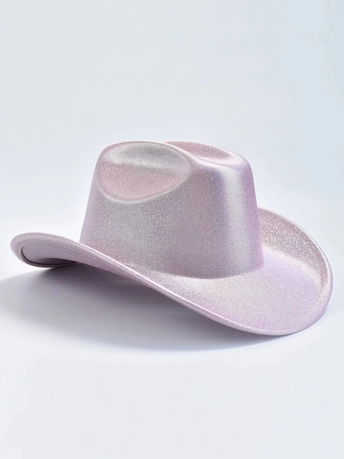 Holographic cowgirl baddie hat in pastel pink, sparkly soft girl outfit addition