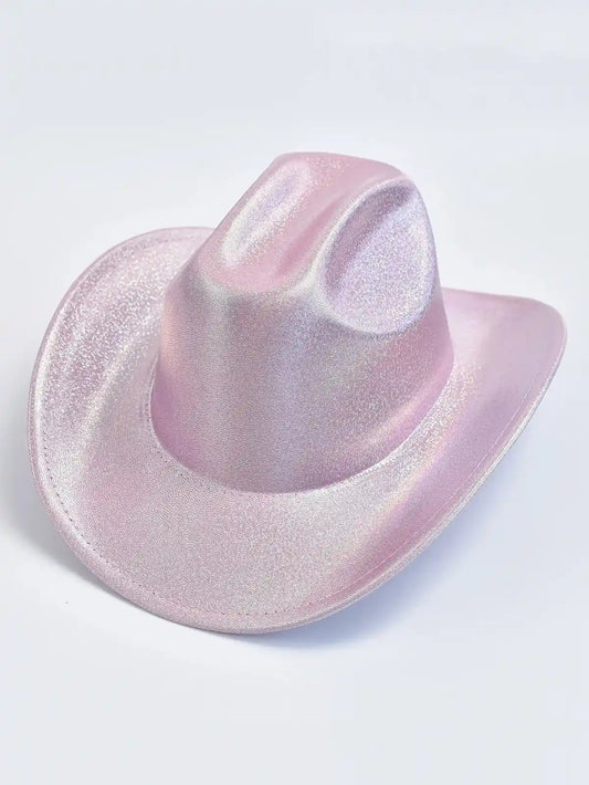 Holographic cowgirl baddie hat in pastel pink, kawaii DDLG soft girl accessory