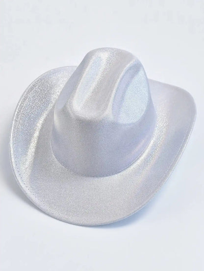 Holographic cowgirl baddie hat in white silver, cozy DDLG little accessory