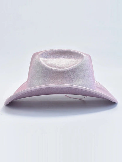 Holographic cowgirl baddie hat in white silver, shiny little space fantasy