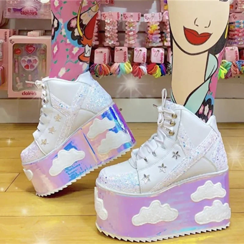 Holographic kawaii ABDL and DDLG doll platforms with shimmer rainbow finish for fantasy outfits