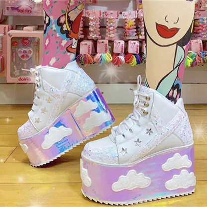 Holographic kawaii ABDL and DDLG doll platforms with shimmer rainbow finish for fantasy outfits