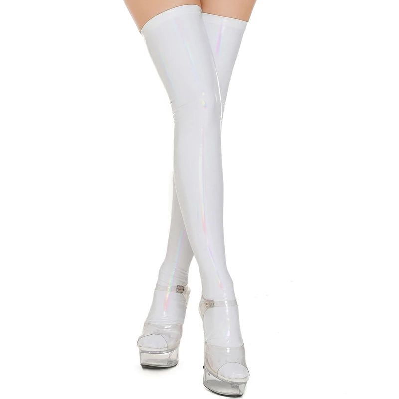 Model wearing white Holographic Latex Kawaii Thigh Highs with reflective holographic sheen