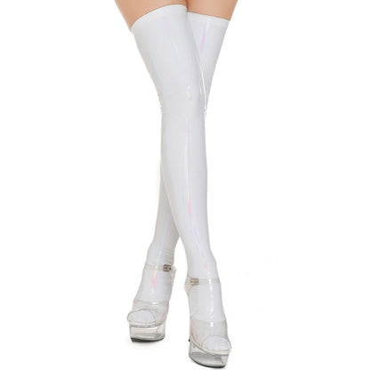 Model wearing white Holographic Latex Kawaii Thigh Highs with reflective holographic sheen