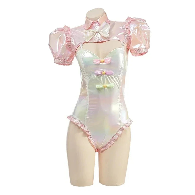 Dreamy holographic little lover onesie for DDLG and ABDL play, combining cutecore charm with soft, breathable materials.