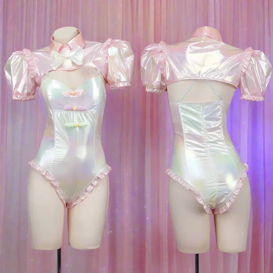 Accents Bows Bolero Crop Top Bodysuit, holographic maid cosplay, flirty babygirl cutecore ddlg soft girl vibes