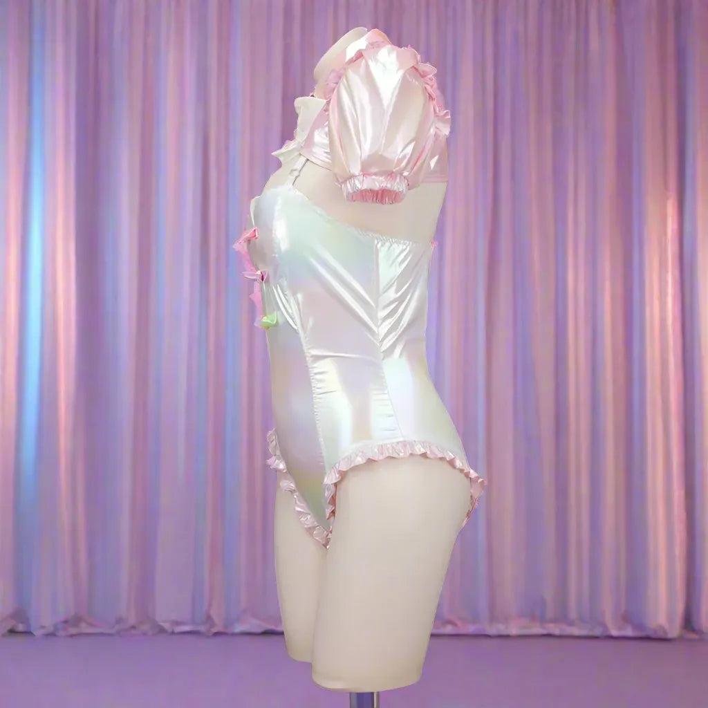 Holographic Little Lover Onesie Set in pastel pink with mini hearts, ribbons, and matching bolero, flirty kawaii cutecore vibes