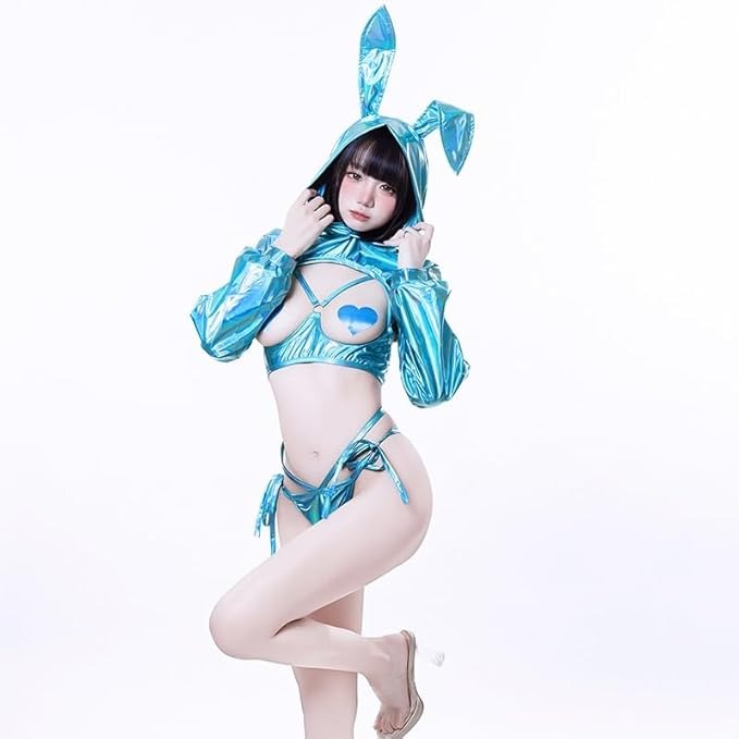 Holographic teal bunny outfit with crop top, two-strap thong, bunny ears, and nipple covers — perfect for DDLG, dollcore, cutecore, kawaii, baddie vibes