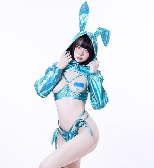 Holographic Teal Bunny Set with crop top, cutouts, thong, bunny ears hood, and heart nipple covers for DDLG, dollcore, cutecore, kawaii, baddie vibes