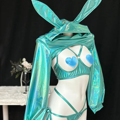 Holographic Teal Bunny Set full outfit, DDLG/ABDL cutecore kawaii cosplay for photoshoots and night outs