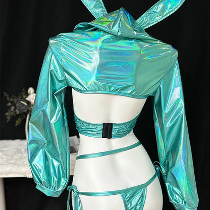 Holographic Teal Bunny Set, body-hugging DDLG/ABDL cutecore cosplay outfit with teal holographic shine