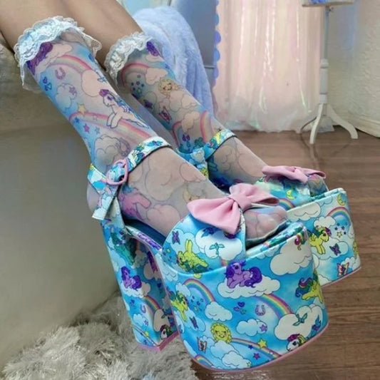 Honey Drip & Rainbow Trips Heels, kawaii ddlg abdl pastel platform shoes with bow and rainbow swirl accents