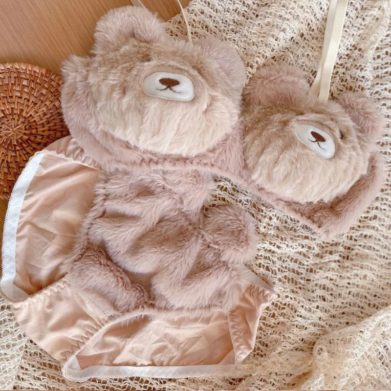 Honeybear bra and panties set with fuzzy ears, kawaii DDLG ABDL cutecore loungewear for cozy self-love