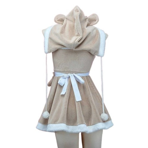 Back view of Hooded Teddy Cutie Dress Set brown and white showing fuzzy texture, mini flirty fit, perfect dollcore and DDLG/ABDL soft-life outfit