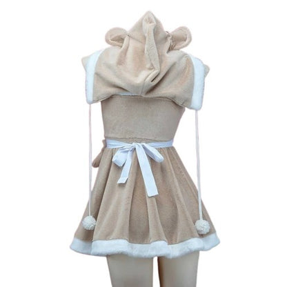 Back view of Hooded Teddy Cutie Dress Set brown and white showing fuzzy texture, mini flirty fit, perfect dollcore and DDLG/ABDL soft-life outfit