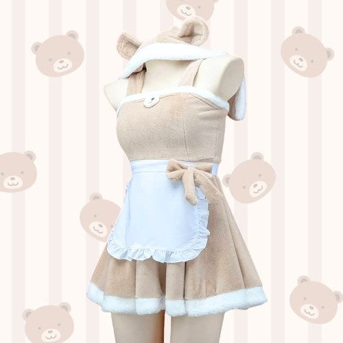 Hooded Teddy Cutie Dress Set brown and white styled for cosplay or playful caregiver dress-up, fuzzy mini flirty dress, dollcore cutecore