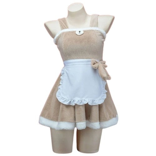 Hooded Teddy Cutie Dress Set brown & white cutecore cosplay teddy dress, pom-pom hood, side ribbon, mini flirty bear outfit