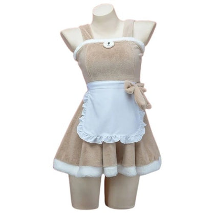 Hooded Teddy Cutie Dress Set brown & white cutecore cosplay teddy dress, pom-pom hood, side ribbon, mini flirty bear outfit