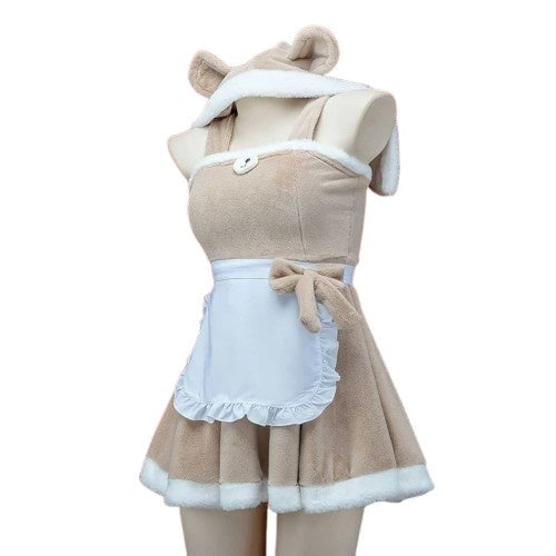 Hooded Teddy Cutie Dress Set brown & white fuzzy dollcore hoodie dress, mini bear face chest, flirty playful soft-life vibes