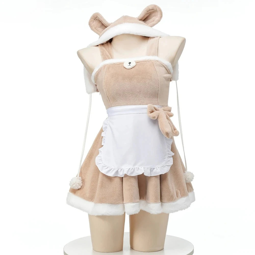 Hooded Teddy Cutie Dress Set in brown and white with pom-pom hood, mini bear face chest, side ribbon detail, fuzzy soft cozy outfit